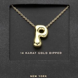 Gold "P" Bubble Monogram Pendant Chain Necklace Initial Charm 3D Casual